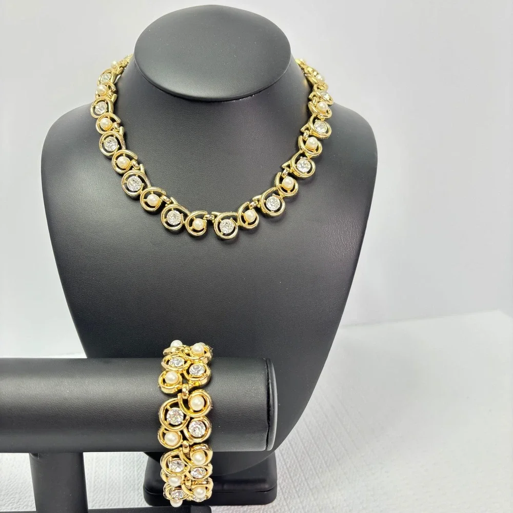 Trifari Set Gold Tone Faux Pearl Rhinestone Necklace Bracelet Vintage Costume